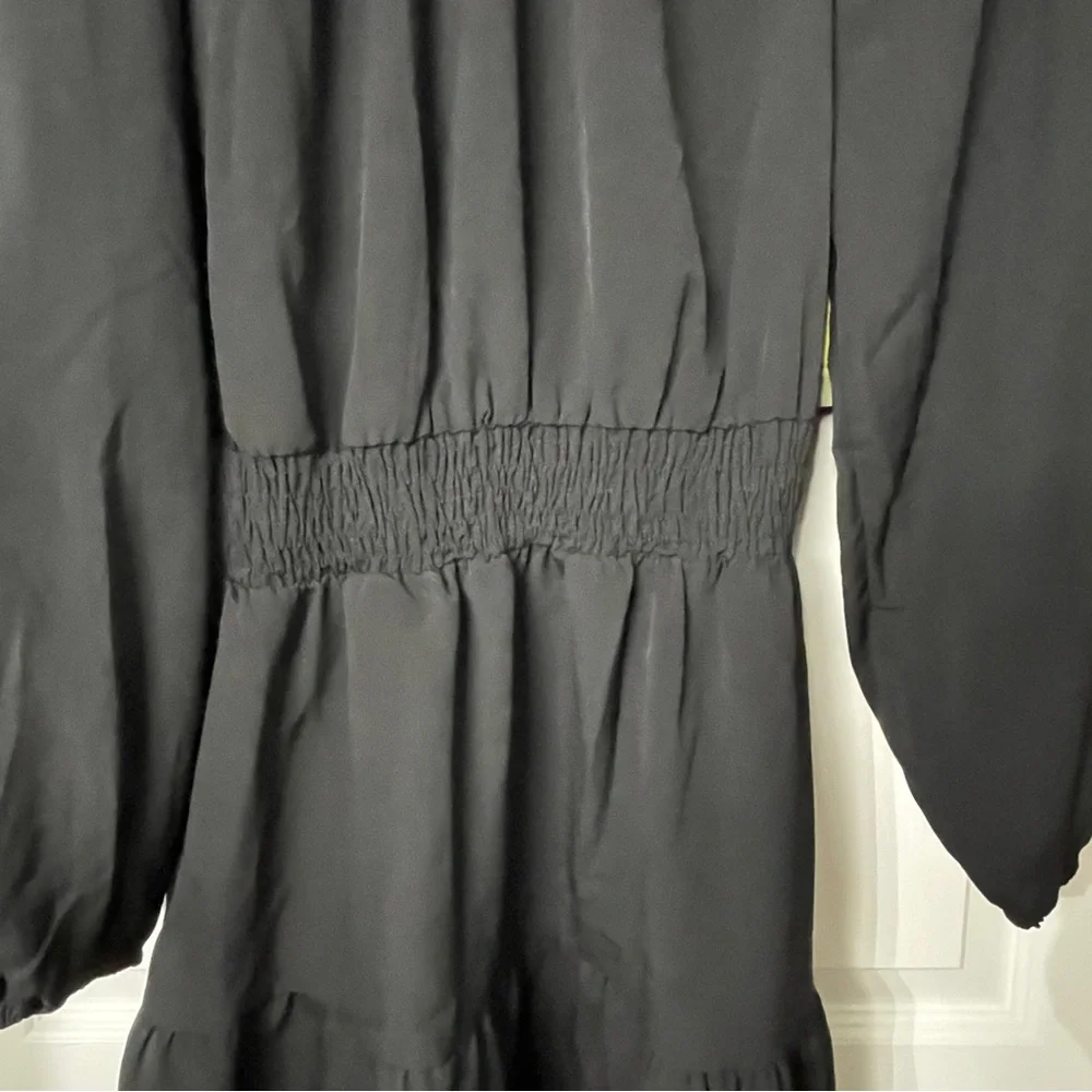 Nine. Eight New York Black Tie Neck Smocked Waist Tiered Mini Dress Medium - Picture 4 of 9